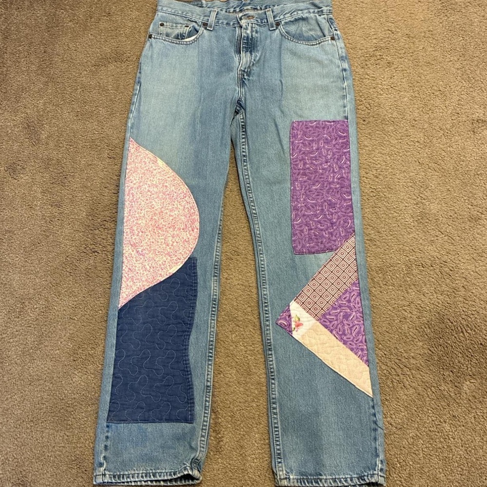 Custom Levi's Light Wash Straight Leg Jeans with Pink & Purple Patchwork - Picture 1 of 4